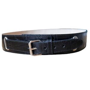 Crocodile Embossed Black Leather Belt with Strap Silver Tone Buckle Size L